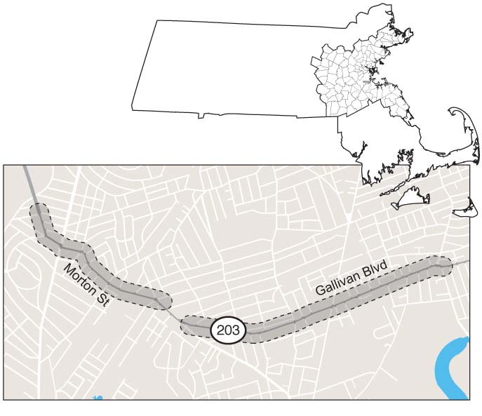 Route 203 report map page showing the study area