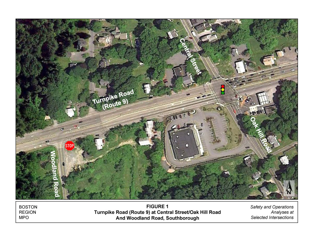 Figure 1 shows the intersection of Turnpike Road (Route 9) at Central Street/Oak Hill Road and Woodland Road  in Southborough 