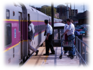 photo of passengers boarding commuter rail coach