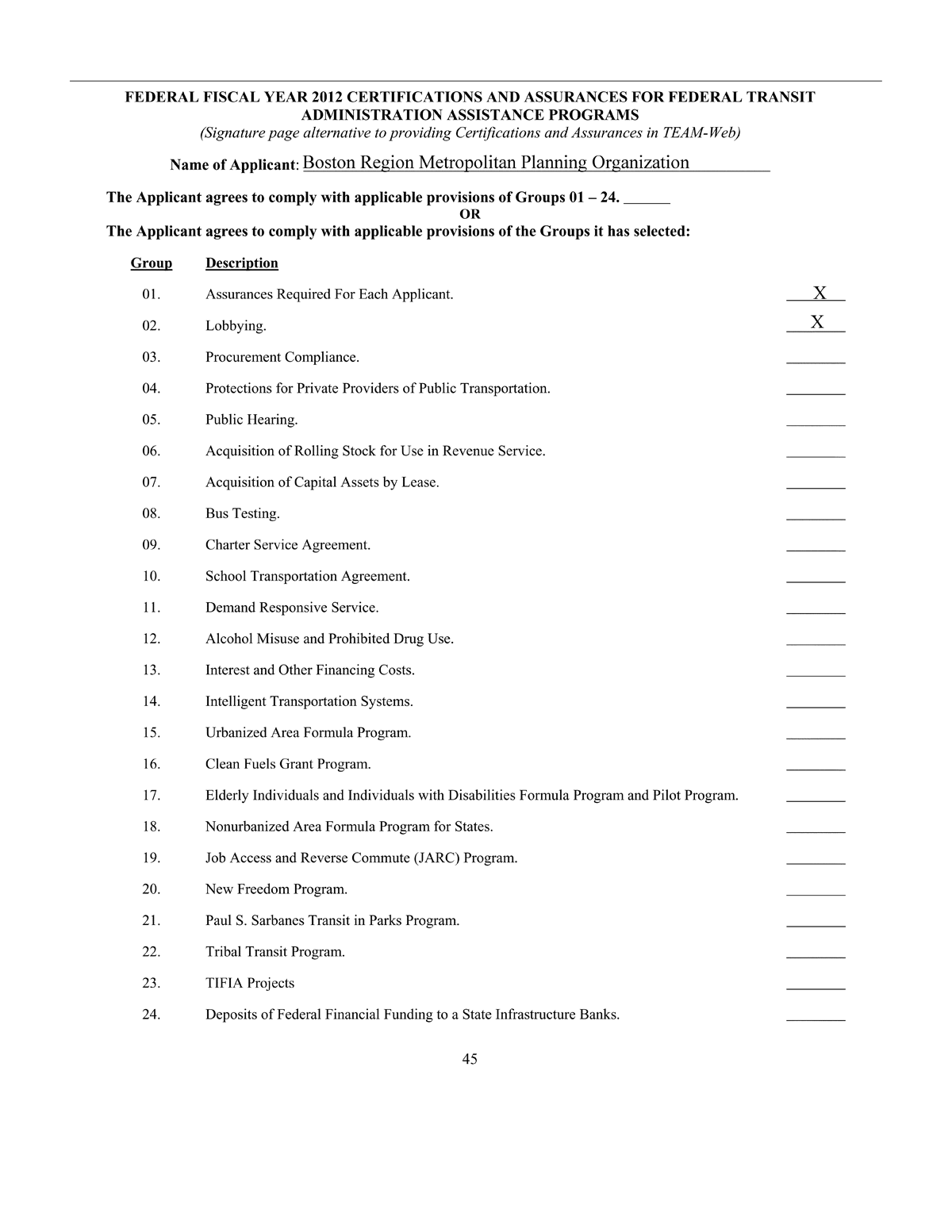 The MPO’s signed Title VI assurances are provided beginning on page 5. (Note that these documents were provided by the Federal Transit Administration [FTA] and MassDOT and are not in accessible formats. If you require assistance with these documents, please contact the MPO staff at 617.973.7100 [voice], 617.973.7089 [TTY], 617.973.8855 [fax], or publicinformation@ctps.org.).