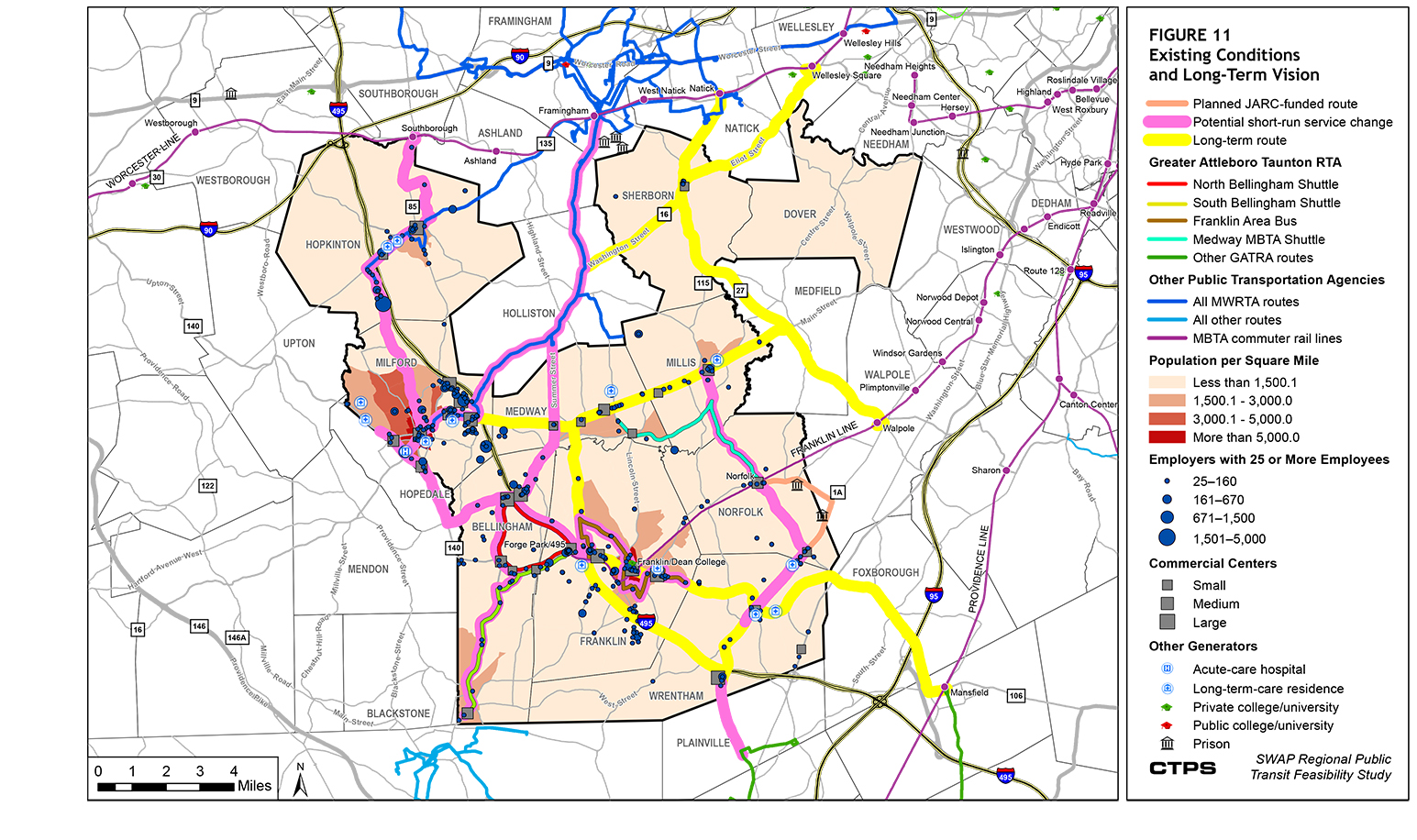 FIGURE 11. This is a map that illustrates existing conditions and the long-term vision for transit services in the SWAP area. It cites several new or modified transit services that could be considered in the SWAP area, including 1) the planned JARC-funded route, 2) potential short-run service changes, and 3) long-term routes.