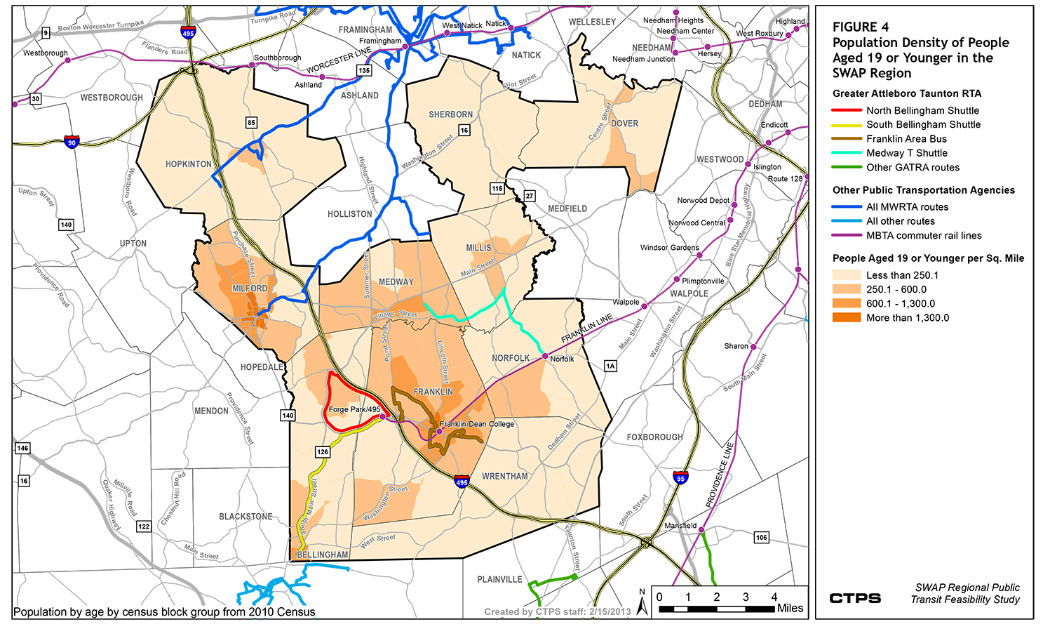 FIGURE 4. This is a map that illustrates the population densities for residents aged 19 or younger in the SWAP subregion. It shows that the population density for people aged 19 and younger somewhat matches the patterns in total population density for the SWAP subregion, with Franklin and Milford having some of the greatest concentration of population in this age group.