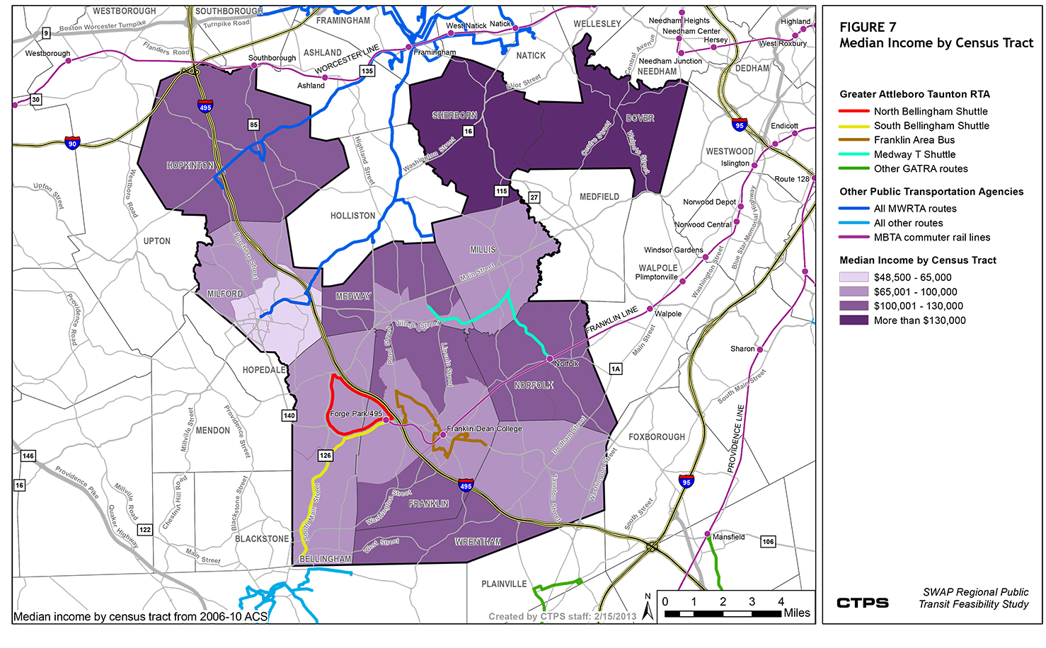 FIGURE 7. This is a map that illustrates median Income by Census tract for the SWAP subregion. It shows that Milford has the greatest concentration of households in the lowest income bracket ($48,000 to $65,000); and that portions of Bellingham, Franklin, Hopkinton, Millis, Medway, Norfolk, and Wrentham have tracts with a median income in the $100,000-to-$130,000 range.