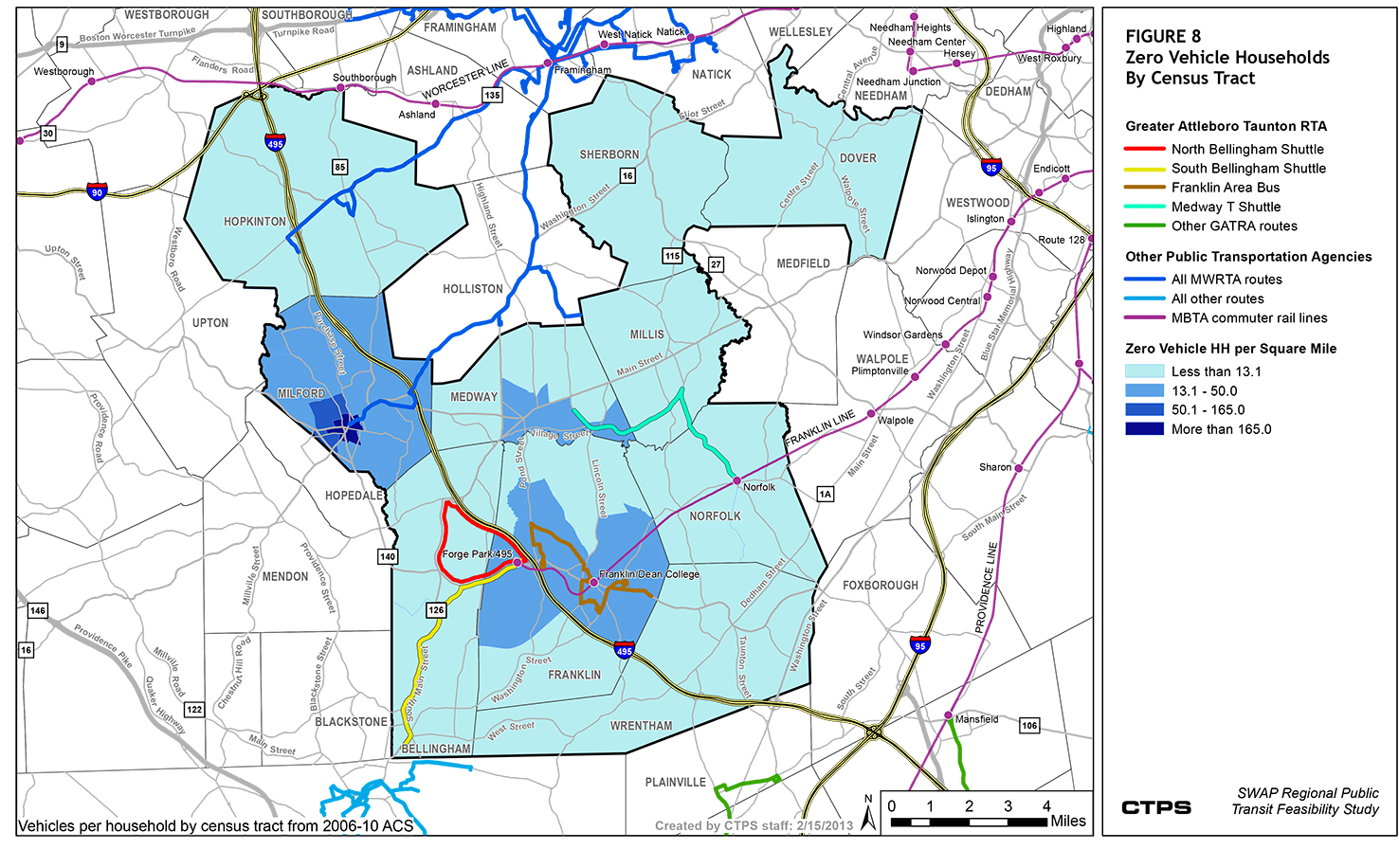 FIGURE 8. This is a map that illustrates zero-vehicle household rates by Census tracts for the SWAP subregion. It shows that Milford has the greatest concentration of zero-vehicle households, with a concentration near Milford Center of more than 165 households per square mile with zero vehicles available.