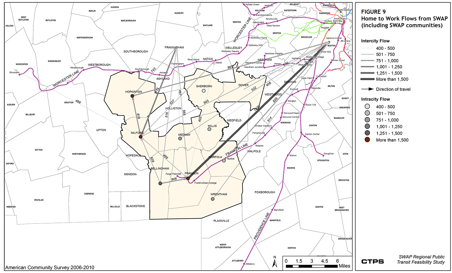 FIGURE 9. This is a map that illustrates both inter- and intra-city daily commuter trips of 400 to more than 1,500 residents of SWAP communities, going FROM their homes to work locations (including within SWAP communities).