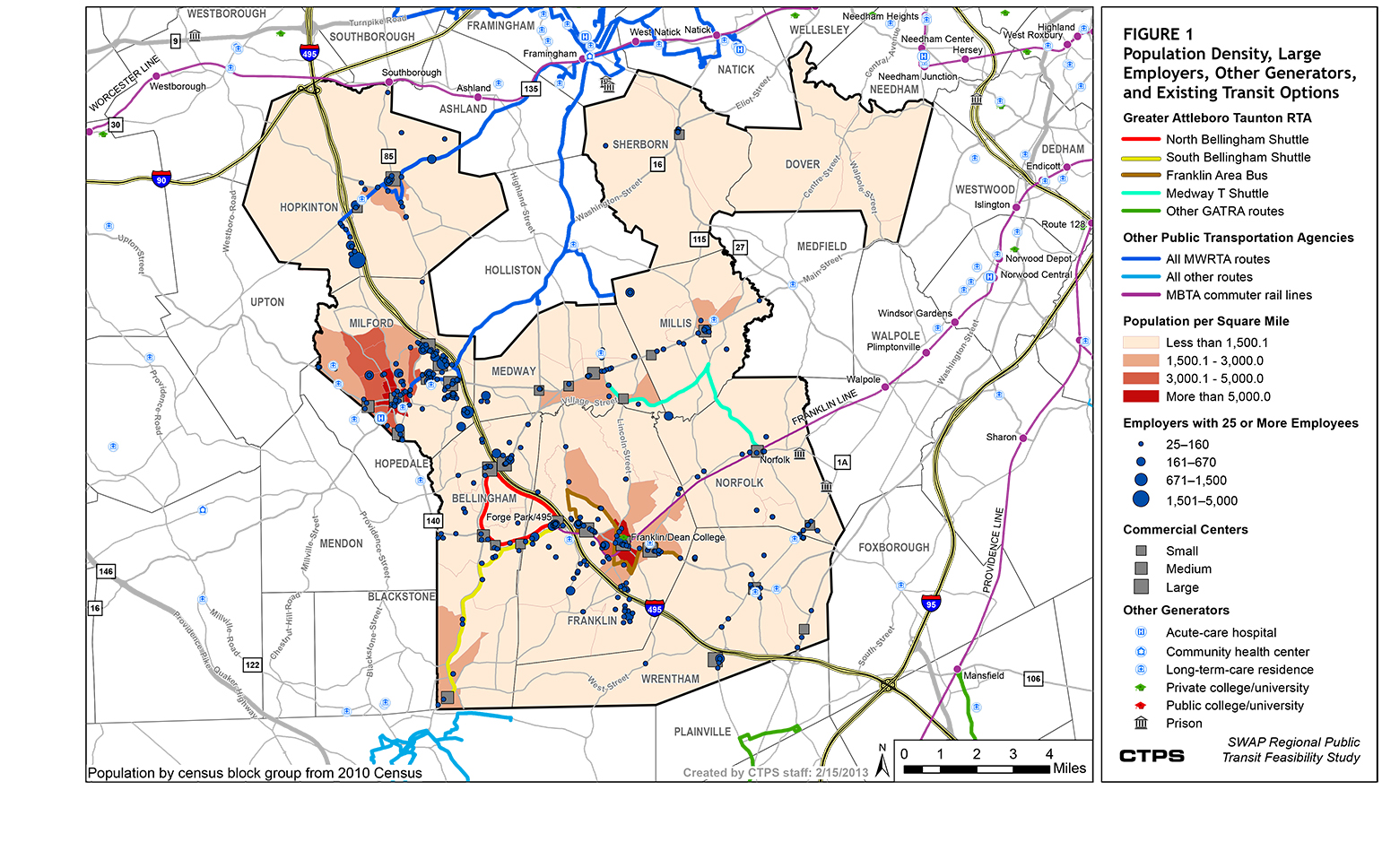 FIGURE 1. This is a map that illustrates the population density, large employers, other traffic generators, and existing fixed-route transit options in the SouthWest Advisory Planning Committee (SWAP) communities. 