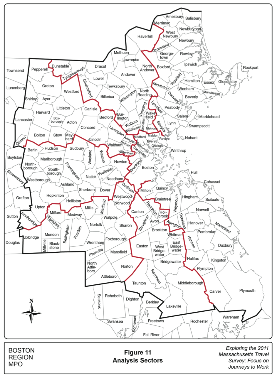 Figure 11. Analysis Sectors
Figure 11 is a map of the 164-municipality model region divided into separate analysis sectors: Central Sector, Intra-Radial, Radial Commute, Contraflow, Adjacent Sector, and Distant Sector. 
