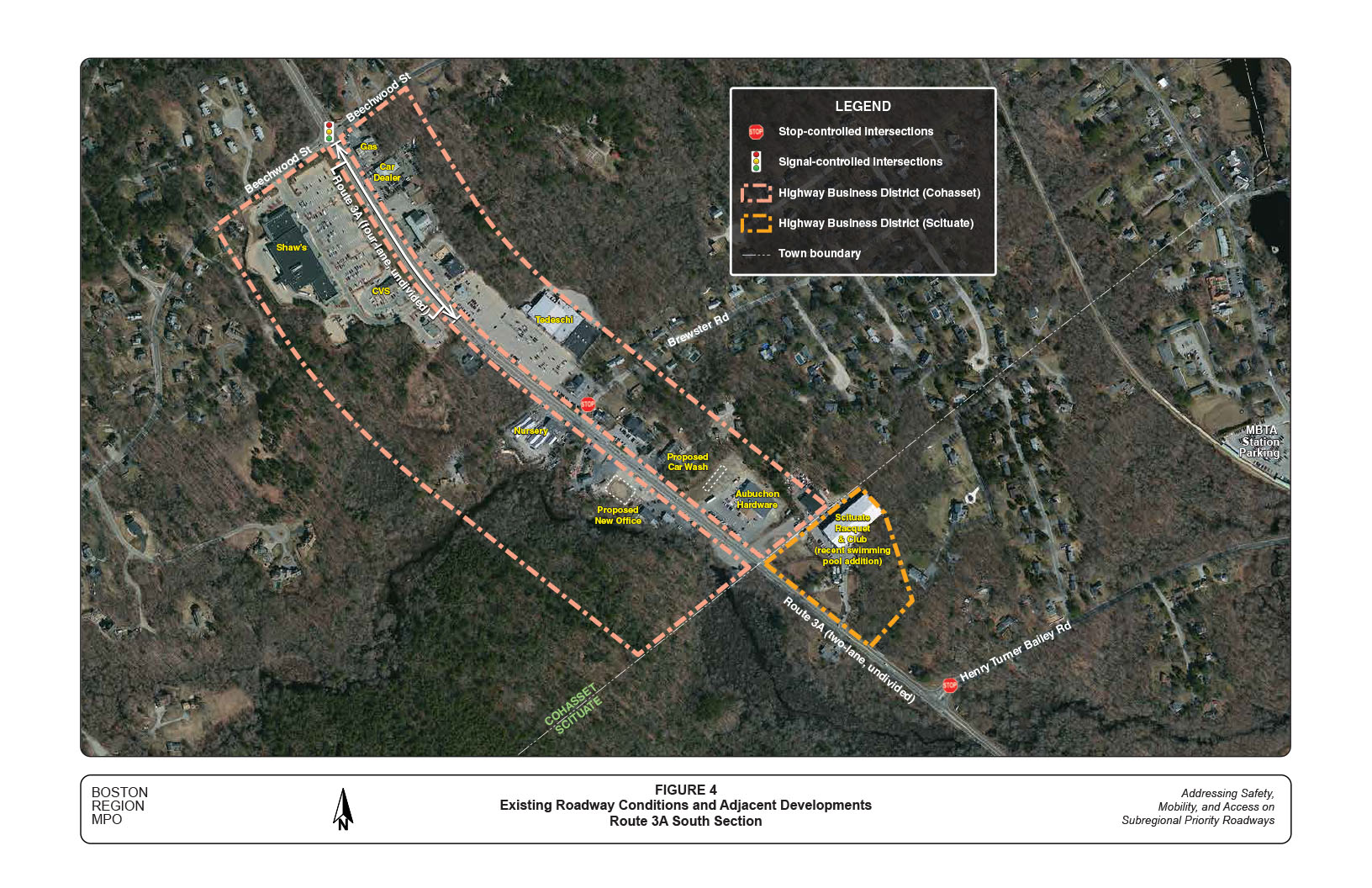 Figure 4 is an aerial view map that depicts the existing roadway conditions and adjacent developments in the south section of the study corridor.