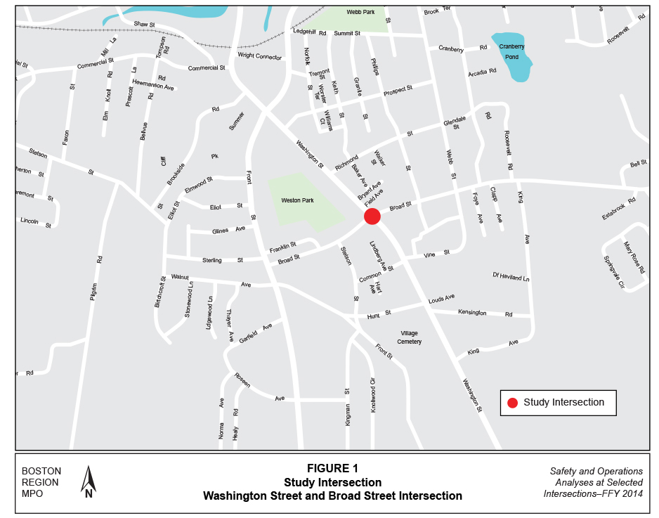 FIGURE 1. Computer-drawn map that shows the location of the study intersection and nearby streets 