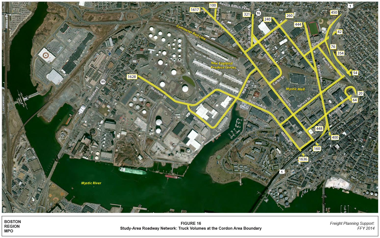 FIGURE 16. Study-Area Roadway Network: Truck Volumes at the Cordon Area Boundary
This map shows the Study Area and highlights in yellow a network of streets for which a detailed traffic analysis was prepared. The locations at the ends of the highlighted streets are at the cordon area boundary.
