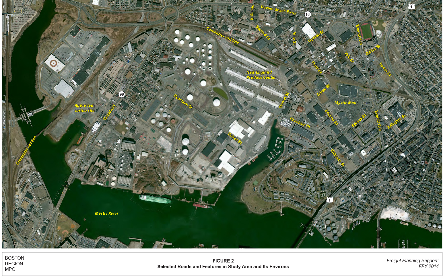 FIGURE 2. Selected Roads and Features in the Study Area and Its Environs 
This map shows just the Study Area. Streets and highways mentioned in the text are labeled, as are several important locations including the commuter rail line, Mystic Mall, New England Produce Center, and the approved casino site.
