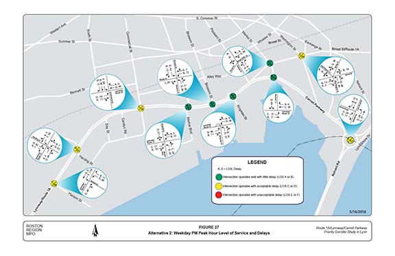 FIGURE 27. Computer-drawn map with graphics showing the results of the traffic operations analyses at the major intersections for Alternative 2 in terms of level of service and delays for the weekday PM peak hour.
