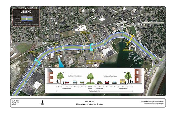 FIGURE 31. Aerial-view map and computer drawn roadway cross-section that portrays MPO staff “Alternative 4,” which recommends long-term improvements, such as keeping the existing roadway cross-section and adding pedestrian bridges at selected locations for crossing the Lynnway to increase safety and mobility for pedestrians.