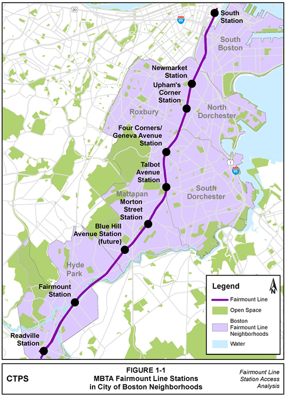 Figure 1-1, MBTA Fairmount Line Stations in City of Boston Neighborhoods: Figure 1-1 (portrait orientation) presents a map of the Fairmount Line that highlights and identifies the Boston neighborhoods through which Fairmount trains travel. The line begins at South Station and travels through South Boston, North Dorchester, Roxbury, South Dorchester, Mattapan, and Hyde Park before ending at Readville Station. The stations, in order, are South Station, Newmarket Station, Upham’s Corner Station, Four Corners/Geneva Avenue Station, Talbot Avenue Station, Morton Street Station, Blue Hill Avenue Station (future), Fairmount Station, and Readville Station.