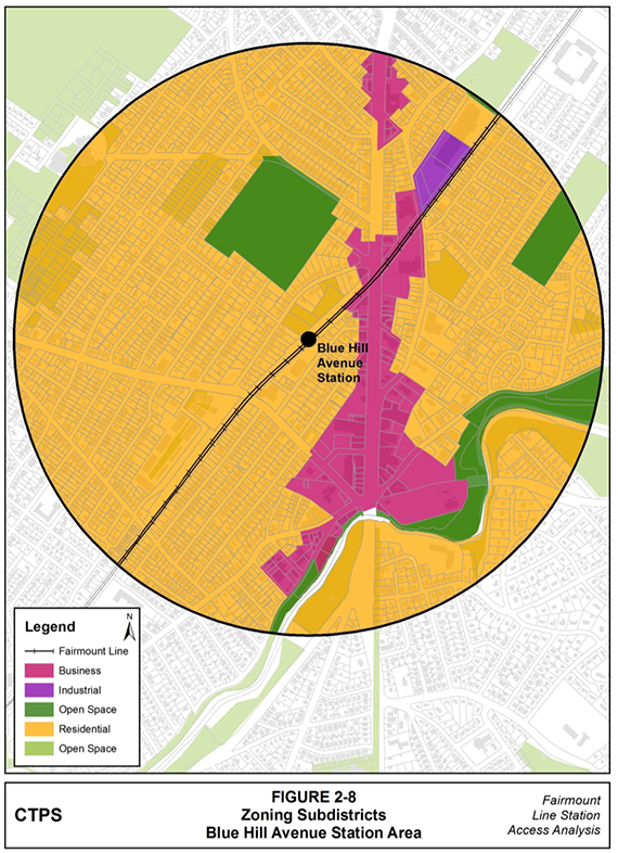 Figure 2-8, Zoning Subdistricts—Blue Hill Avenue Station Area: Figure 2-8 (portrait orientation) presents a map of the Blue Hill Avenue station area that illustrates the zoning within the station area by color-coding zoning subdistricts.