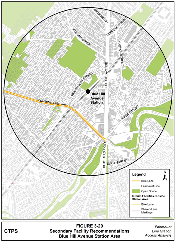 Figure 3-20, Secondary Facility Recommendations—Blue Hill Avenue Station Area: Figure 3-20 (portrait orientation) presents the Boston Bike Network Plan’s secondary facility recommendations for the Blue Hill Avenue station area.