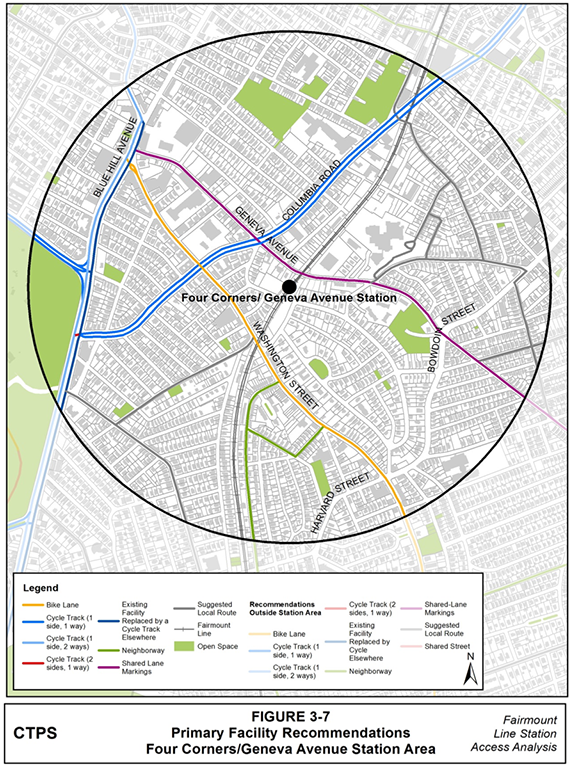 Figure 3-7, Primary Facility Recommendations— Four Corners/Geneva Avenue Station Area: Figure 3-7 (portrait orientation) presents the Boston Bike Network Plan’s primary facility recommendations for the Four Corners/Geneva Avenue station area.