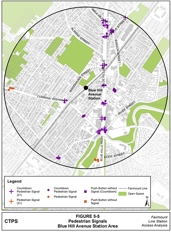 Figure 5-5, Pedestrian Signals— Blue Hill Avenue Station Area: Figure 5-5 (portrait orientation) presents a map of the locations of all the pedestrian signals in the Blue Hill Avenue station area and identifies whether the pedestrian signals feature countdown displays.