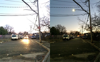 Figure 6-5, South View of New England Avenue from Southern Avenue Intersection: Figure 6-5 presents pictures taken by MPO staff of the south view of New England Avenue from the location where Southern Avenue intersects New England Avenue. The pictures show the narrow width of the sidewalk along New England Avenue. A light pole installed in the sidewalk makes the pedestrian zone even narrower.