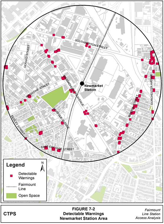 Figure 7-2, Detectable Warnings—Newmarket Station Area: Figure 7-2 (portrait orientation) presents a map of the locations where MPO staff observed detectable warnings when conducting field work in the Newmarket station area.