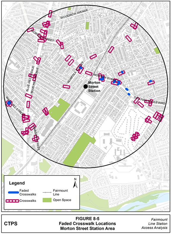 Figure 8-5, Faded Crosswalk Locations—Morton Street Station Area: Figure 8-5 (portrait orientation) presents a map of the locations where MPO staff observed faded crosswalk markings when conducting field work in the Morton Street station area.