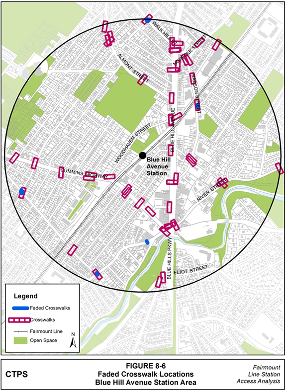 Figure 8-6, Faded Crosswalk Locations—Blue Hill Avenue Station Area: Figure 8-6 (portrait orientation) presents a map of the locations where MPO staff observed faded crosswalk markings when conducting field work in the Blue Hill Avenue station area.