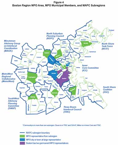 Map of Boston Region MPO Area, MPO Municipal Members, and MAPC Subregions