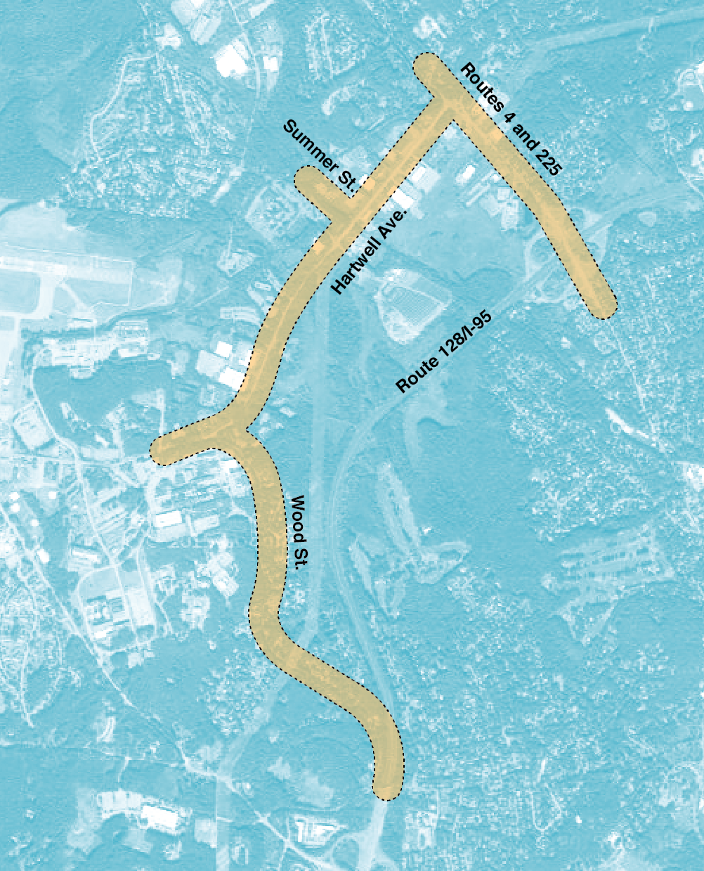 Figure 4-5. Routes 4/225 (Bedford Street) and Hartwell Avenue Project Area
Figure 4-5 is a map of Routes 4 and 225, Hartwell Avenue, Summer Street, Route 128/Interstate 95, and Wood Street.
