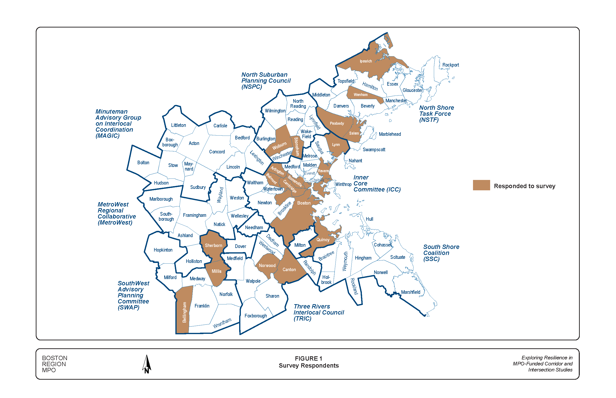 Figure 1 is a map showing cities and towns that completed the survey.