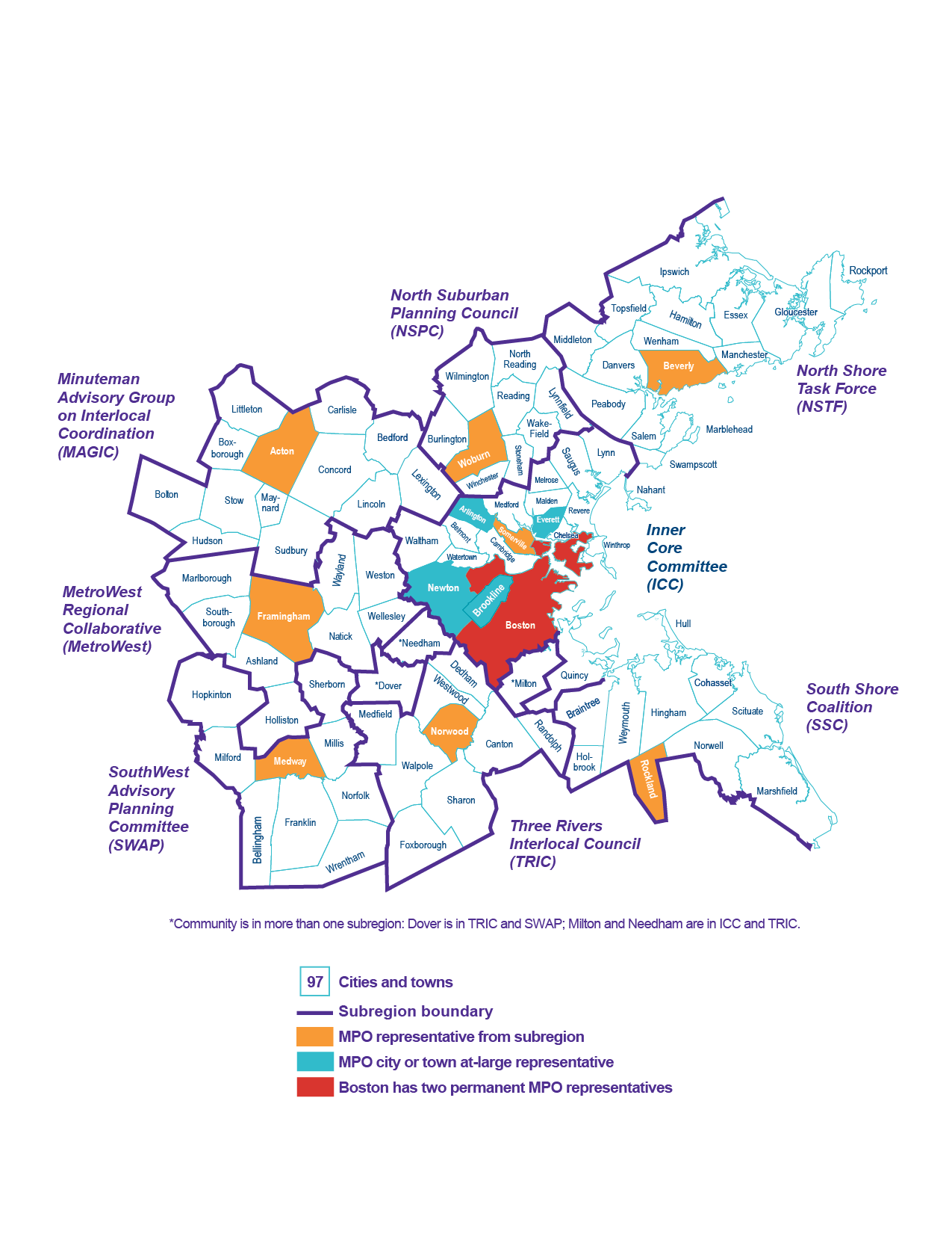 Map of the Boston Region MPO's municipalities showing subregional boundaries and MPO membership representation