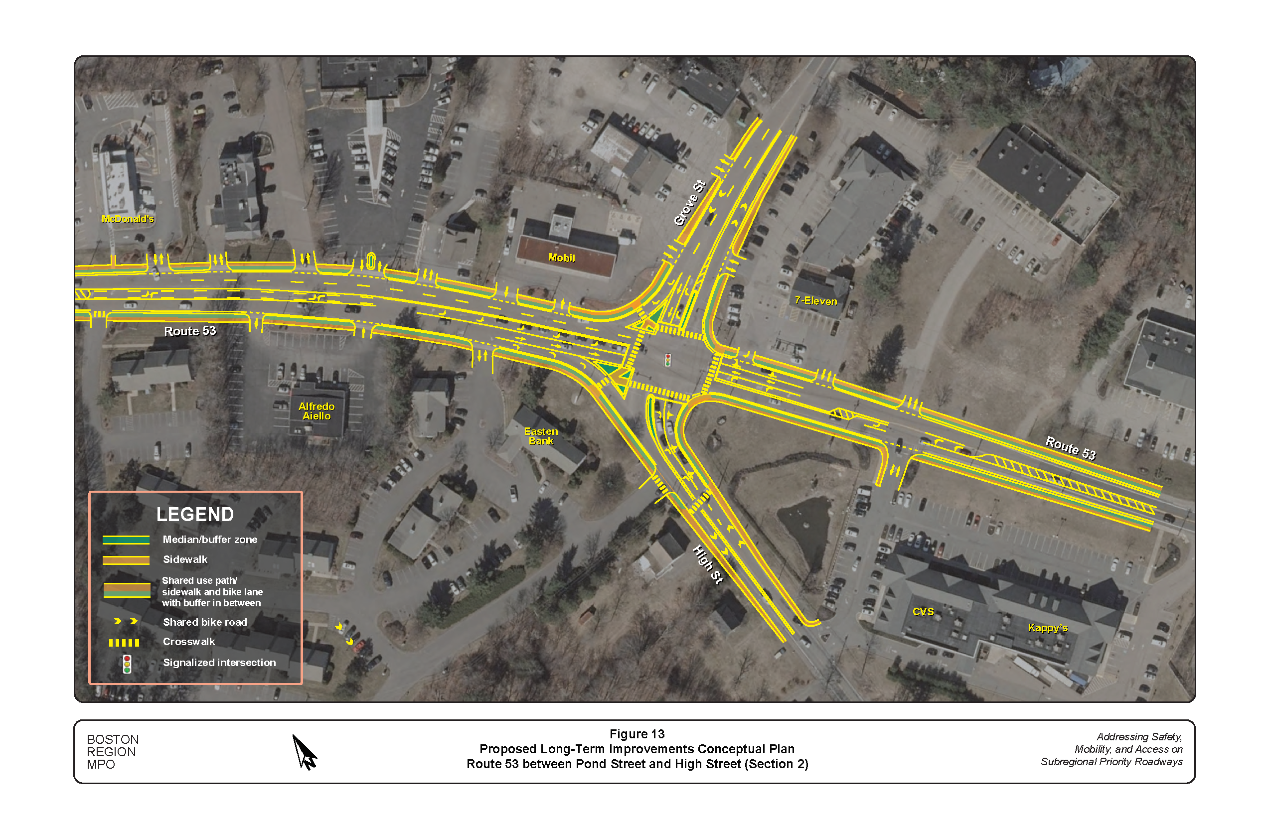 This figure shows a conceptual plan of the proposed long-term improvements in the Route 53 section from Demon Farm Way to High Street.