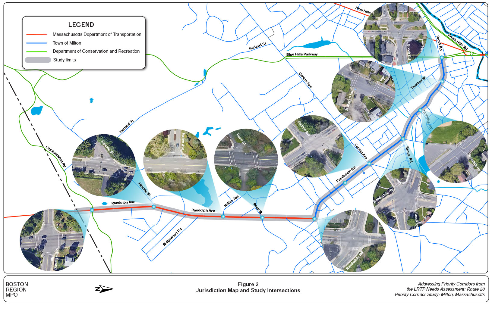 Figure 2
Jurisdictional Map and Study Intersections
Figure 2 is a map of the study area showing the jurisdictions of the roadways and layouts of the study intersections.
