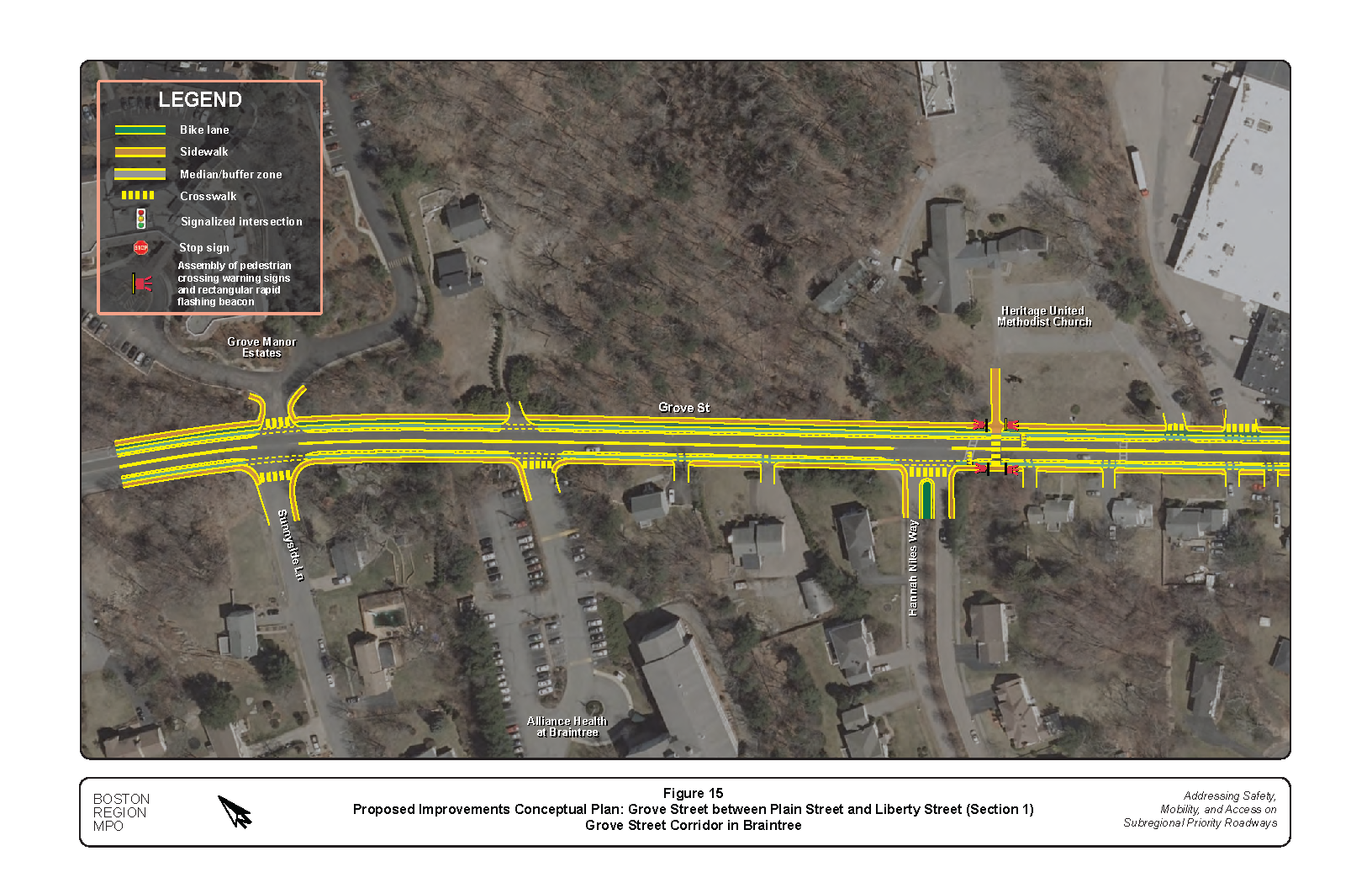 This figure shows a conceptual plan of the proposed improvements in the Grove Street section between Plain Street and Tedeschi Plaza Shopping Center.