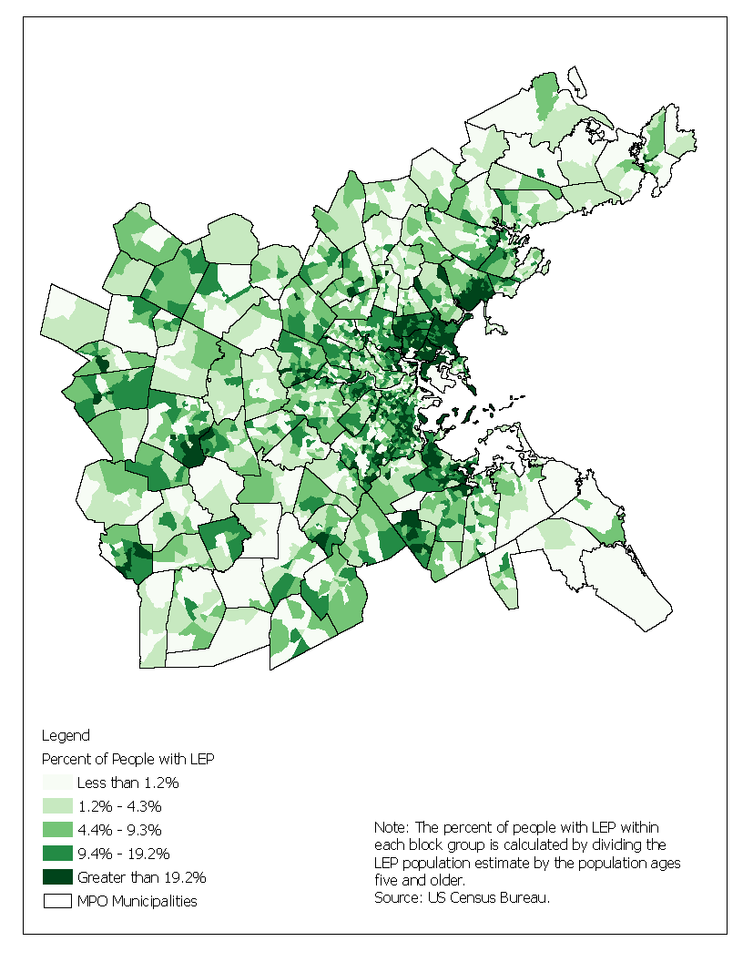 Figure 6-4 is a map showing the percent of the population that has limited English proficiency in each block group across the 97 communities in the Boston region.