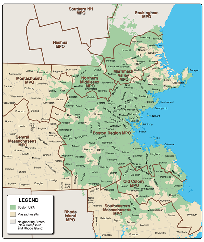 Figure 1 is a map showing the extent of the Boston MA-NH-RI Urbanized Area and the states and MPOs that overlap that area. 