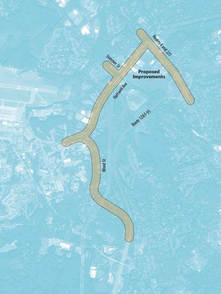 Map showing the location of the Route 4/225 (Bedford Street) and Hartwell Avenue project in Lexington.