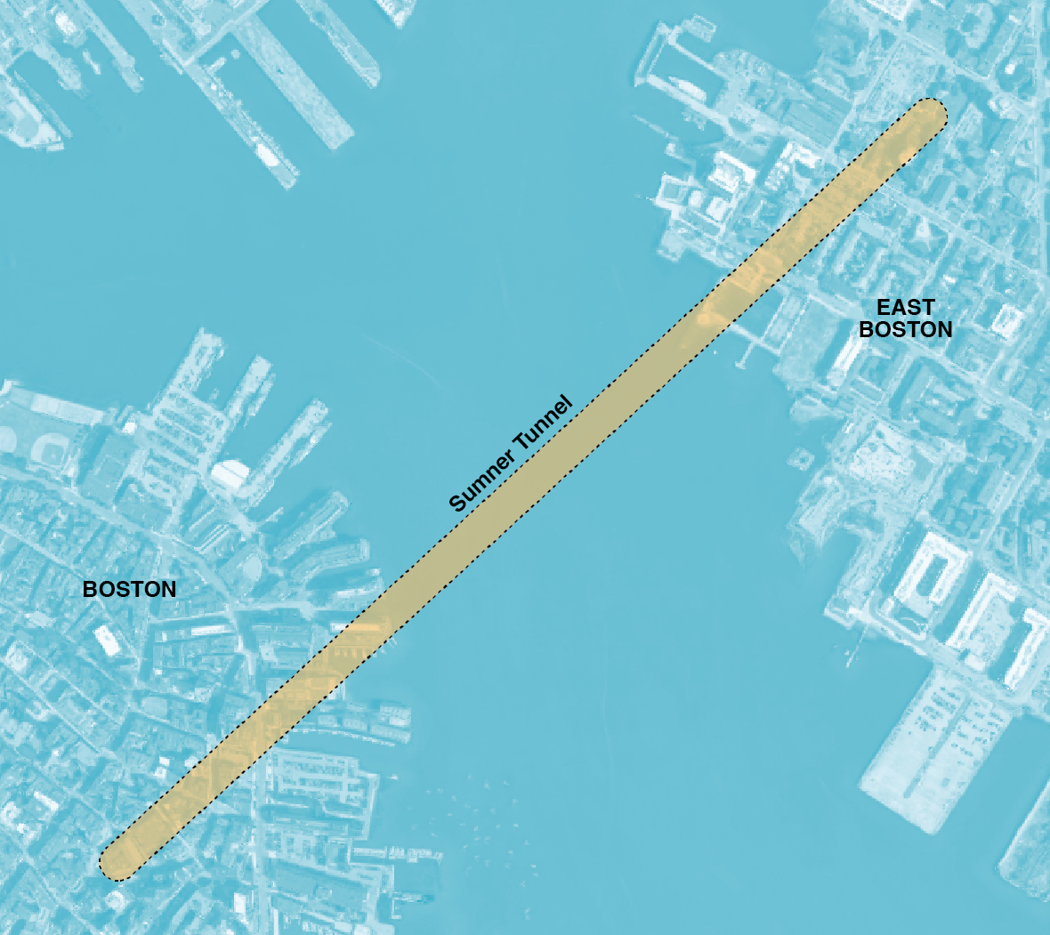 Figure 4-3. Roadway, Ceiling and Wall Reconstruction, New Jet Fans, and Other Control Systems in Sumner Tunnel Project Area
Figure 4-3 is a map of Sumner Tunnel and the surrounding Boston and East Boston landscape.
