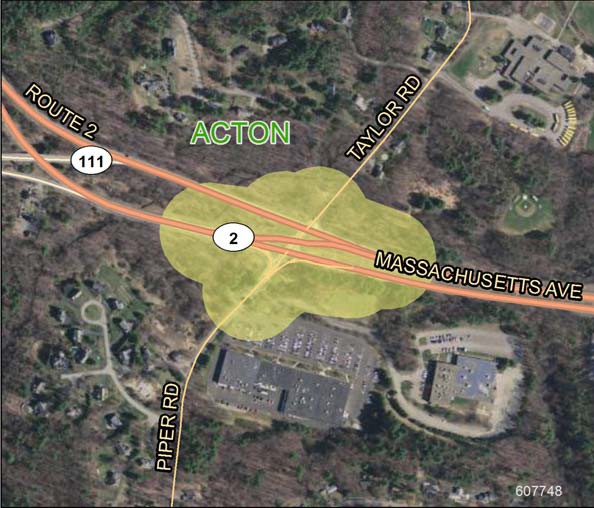 Aerial photo of the study area - intersections of Routes 2 and 111 (Massachusetts Avenue) at Piper Road and Taylor Road