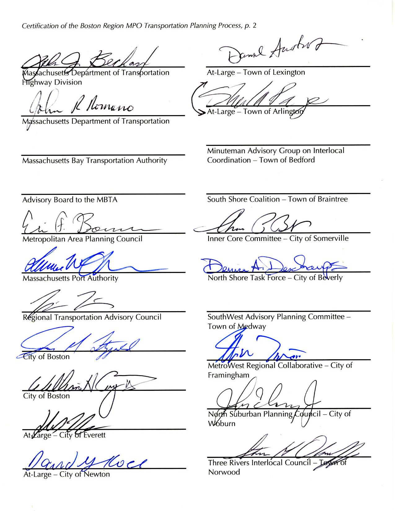 Page 2 of 2. These pages are the self-certification statement of the Boston Region MPO. The MPO certifies that its conduct of the metropolitan transportation planning process complies with all applicable requirements, and that this process includes activities to support the development and implementation of the Regional Long-Range Transportation Plan and Air Quality Conformity Determination (LRTP), the Transportation Improvement Program and Air Quality Conformity Determination (TIP), and the Unified Planning Work Program (UPWP). These pages were signed on July 18, 2019 by the members of the MPO or their representatives.