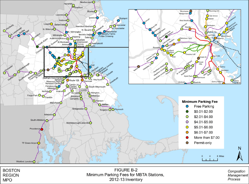 FIGURE B.2. Minimum Parking Fees for MBTA Stations, 2012–13 Inventory
This is a full-page, color-coded map in landscape format of the park-and-ride lots in the study area, citing the minimum parking fees for MBTA stations as follows: bright blue = free parking; dark green = $0.01-$2.00; light green = $2.01-$4.00; pink = $4.01-$5.00; yellow = $5.01-$6.00; orange = $6.01-$7.00; red = more than $7.00; and brown = permit only. 
