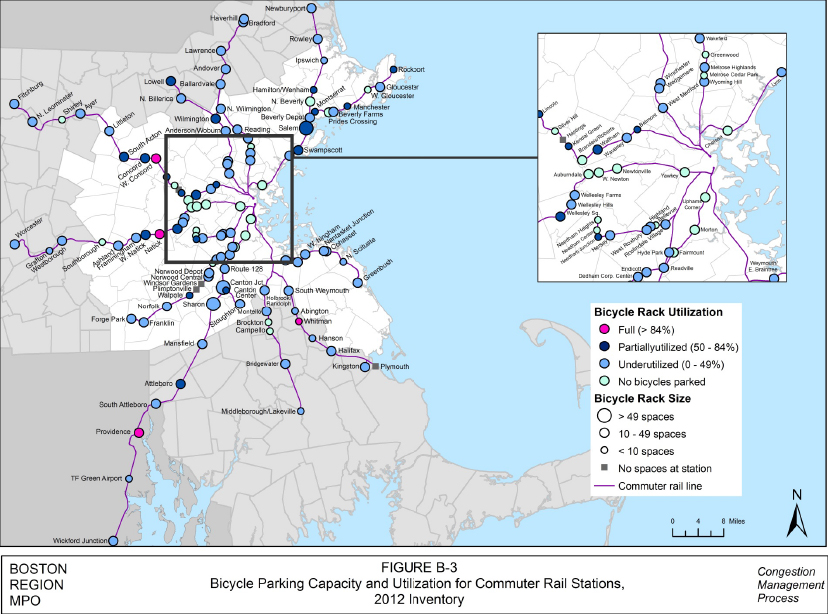 FIGURE B.3. Bicycle Parking Capacity and Utilization for Commuter Rail Stations, 2012 Inventory
This is a full-page, color-coded map in landscape format of the park-and-ride lots in the study area. It cites the bicycle parking capacity and utilization for commuter rail stations according to bicycle rack utilization: magenta = full (more than 84%), dark blue = partially utilized (50%-84%), light blue = underutilized (0%-49%), and light green = no bicycles parked; and by bicycle rack size: large clear bullet = more than 49 spaces, medium clear bullet = 10-49 spaces, and small clear bullet = less than 10 spaces. Other map keys are: a gray shaded square bullet = no spaces at station, and magenta line = commuter rail line. 
