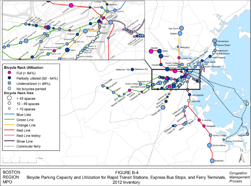 FIGURE B.4. Bicycle Parking Capacity and Utilization for Rapid Transit Stations, 2012 Inventory
This is a full-page, color-coded map in landscape format of the park-and-ride lots in the study area. It presents the bicycle parking capacity and utilization for rapid transit stations according to the following parameters: Bicycle rack utilization: magenta = full (more than 84%), dark blue = partially utilized (50%-84%), light blue = underutilized (less than 49%); bicycle rack size: large clear bullet = more than 49 spaces, medium clear bullet = 10-49 spaces, and small clear bullet = less than 10 spaces. Other keys to the map are: a blue line = MBTA Blue Line, a green line = MBTA Green Line, an orange line = MBTA Orange Line, a red line = MBTA Red Line, a magenta line = MBTA Red Line trolley, a purple line with lavender shadow = MBTA Silver Line, and a dashed black line = MBTA Commuter Ferry. 
