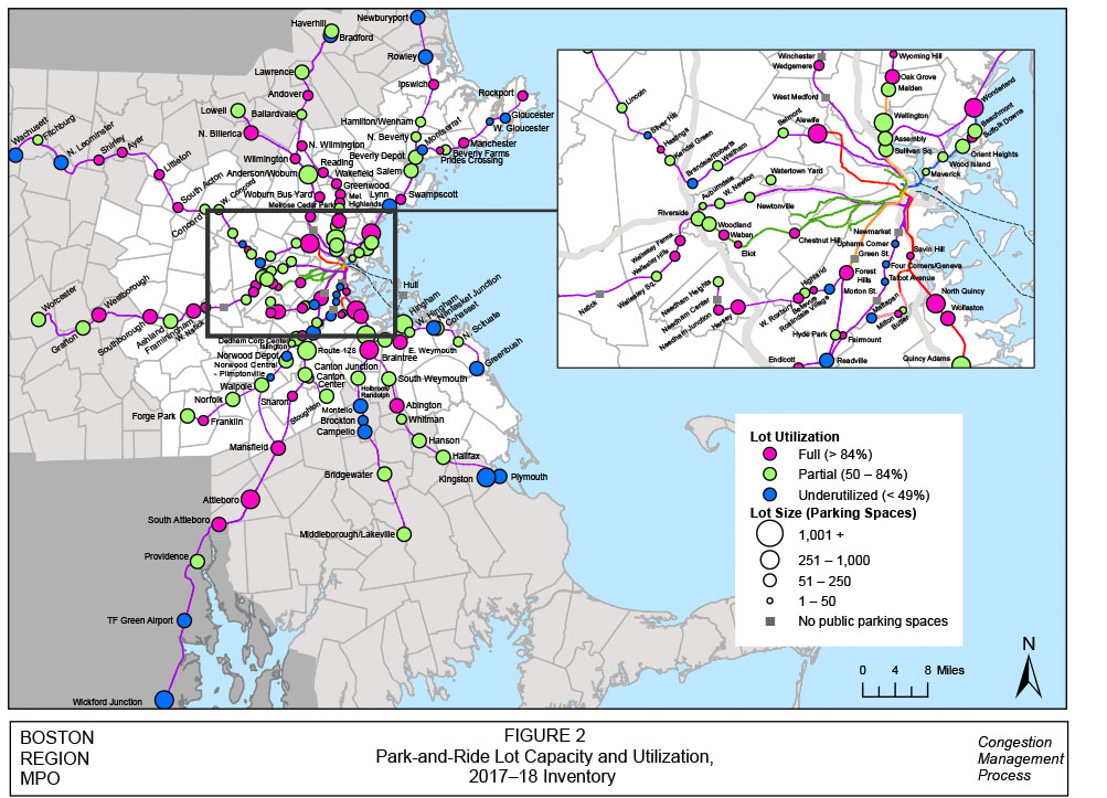 Figure 2. Park-and-Ride Lot Capacity and Utilization, 2017–18 Inventory
Figure 2 is a full-page, color-coded map, in landscape format that shows the park-and-ride lots in the study area, along with the lot sizes (number of parking spaces) and percentage of utilization for 2017-2018.
