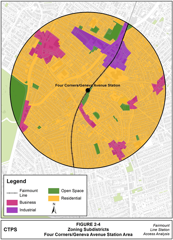 Figure 2-4, Zoning Subdistricts—Four Corners/Geneva Avenue Station Area: Figure 2-4 (portrait orientation) presents a map of the Four Corners/Geneva Avenue station area that illustrates the zoning within the station area by color-coding zoning subdistricts.