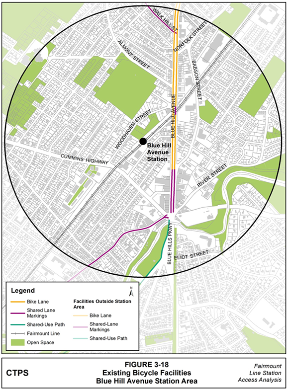 Figure 3-18, Existing Bicycle Facilities—Blue Hill Avenue Station Area: Figure 3-18 (portrait orientation) presents the existing bicycle facilities in the Blue Hill Avenue station area as documented in the Boston Bike Network Plan.