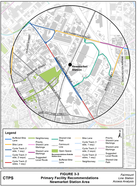 Figure 3-3, Primary Facility Recommendations—Newmarket Station Area: Figure 3-3 (portrait orientation) presents the Boston Bike Network Plan’s primary facility recommendations for the Newmarket station area.c