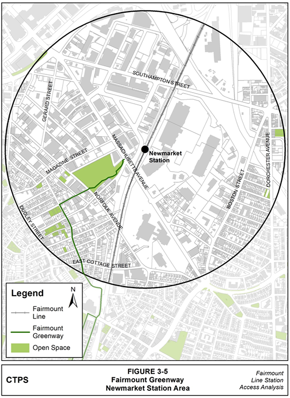 Figure 3-5, Fairmount Greenway—Newmarket Station Area: Figure 3-5 (portrait orientation) presents the route of the Fairmount Greenway in the Newmarket station area.