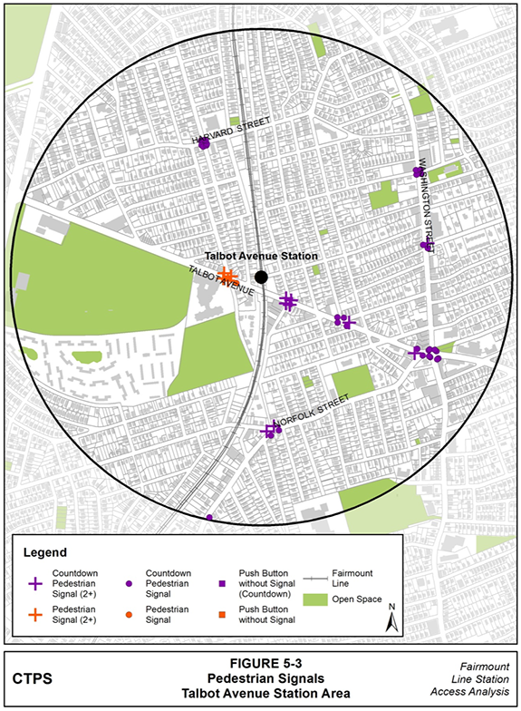 Figure 5-3, Pedestrian Signals— Talbot Avenue Station Area: Figure 5-3 (portrait orientation) presents a map of the locations of all the pedestrian signals in the Talbot Avenue station area and identifies whether the pedestrian signals feature countdown displays.