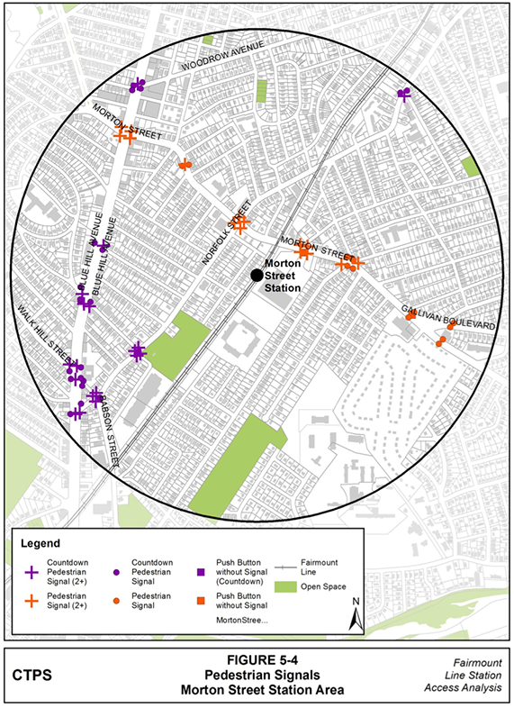 Figure 5-4, Pedestrian Signals— Morton Street Station Area: Figure 5-4 (portrait orientation) presents a map of the locations of all the pedestrian signals in the Morton Street station area and identifies whether the pedestrian signals feature countdown displays.