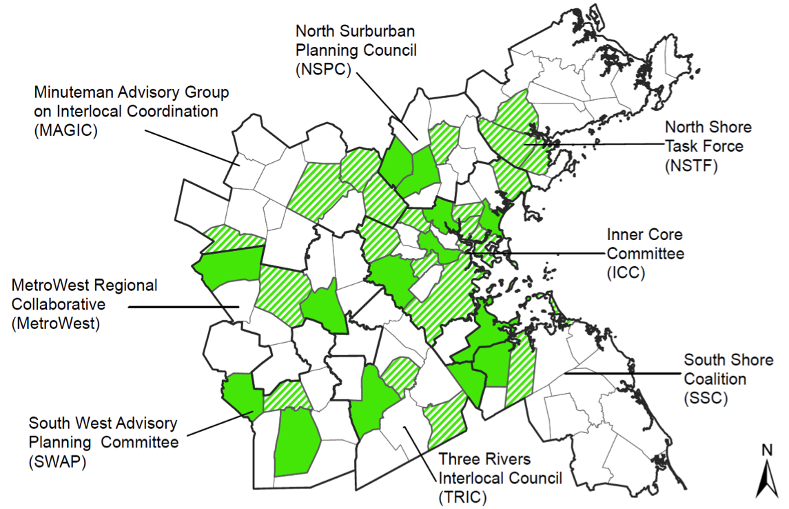 xxFIGURE 2. Computer-drawn map showing municipalities in the MPO region that were selected for the survey and responded to the survey
<h2 style=